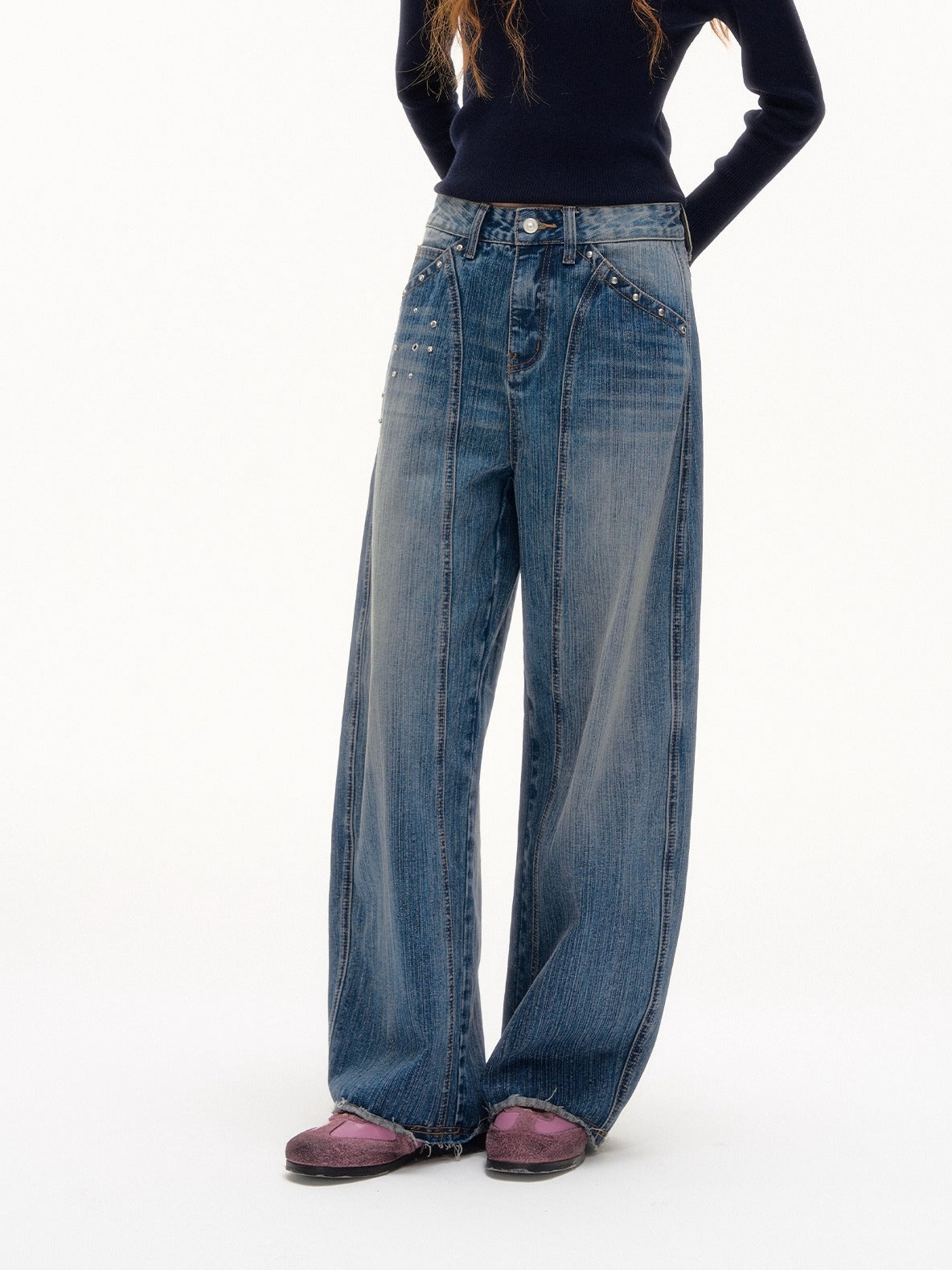 Blue Vintage Studded Wide-Leg Jeans
