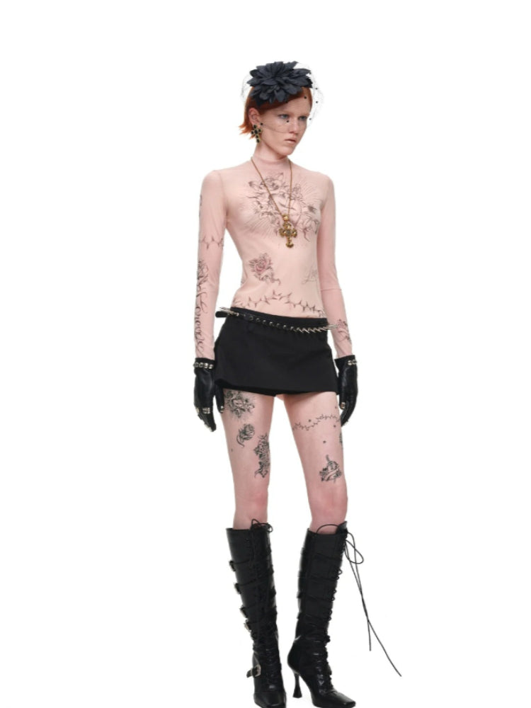Tattoo Mesh Long Sleeve Top