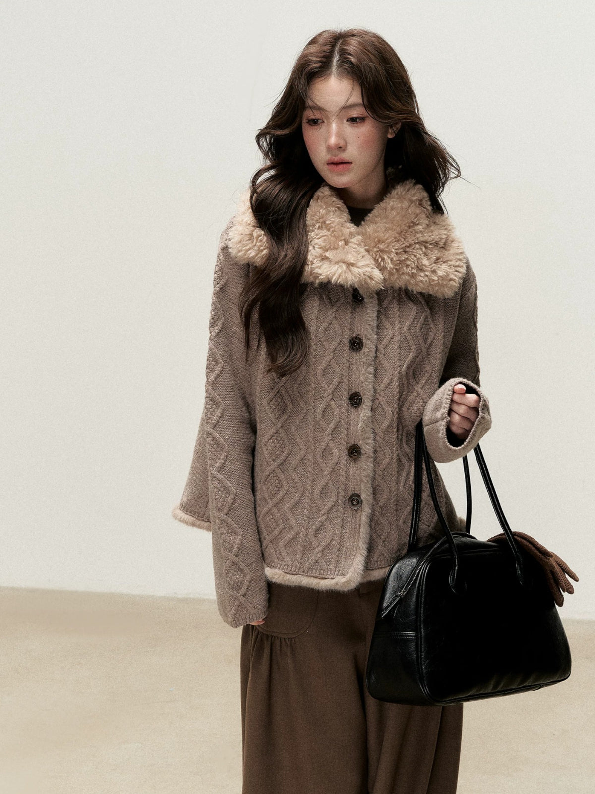 Faux Fur Collar Cable Knit Cardigan
