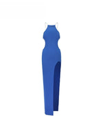Blue Cross-Back Halter Maxi Dress