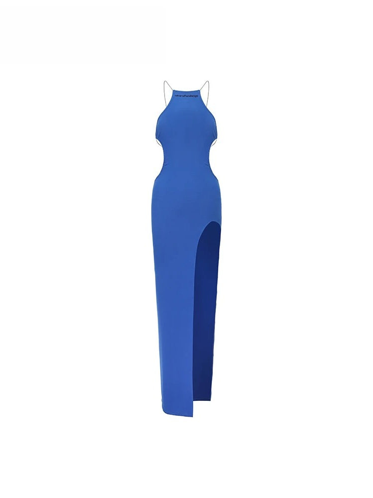 Blue Cross-Back Halter Maxi Dress