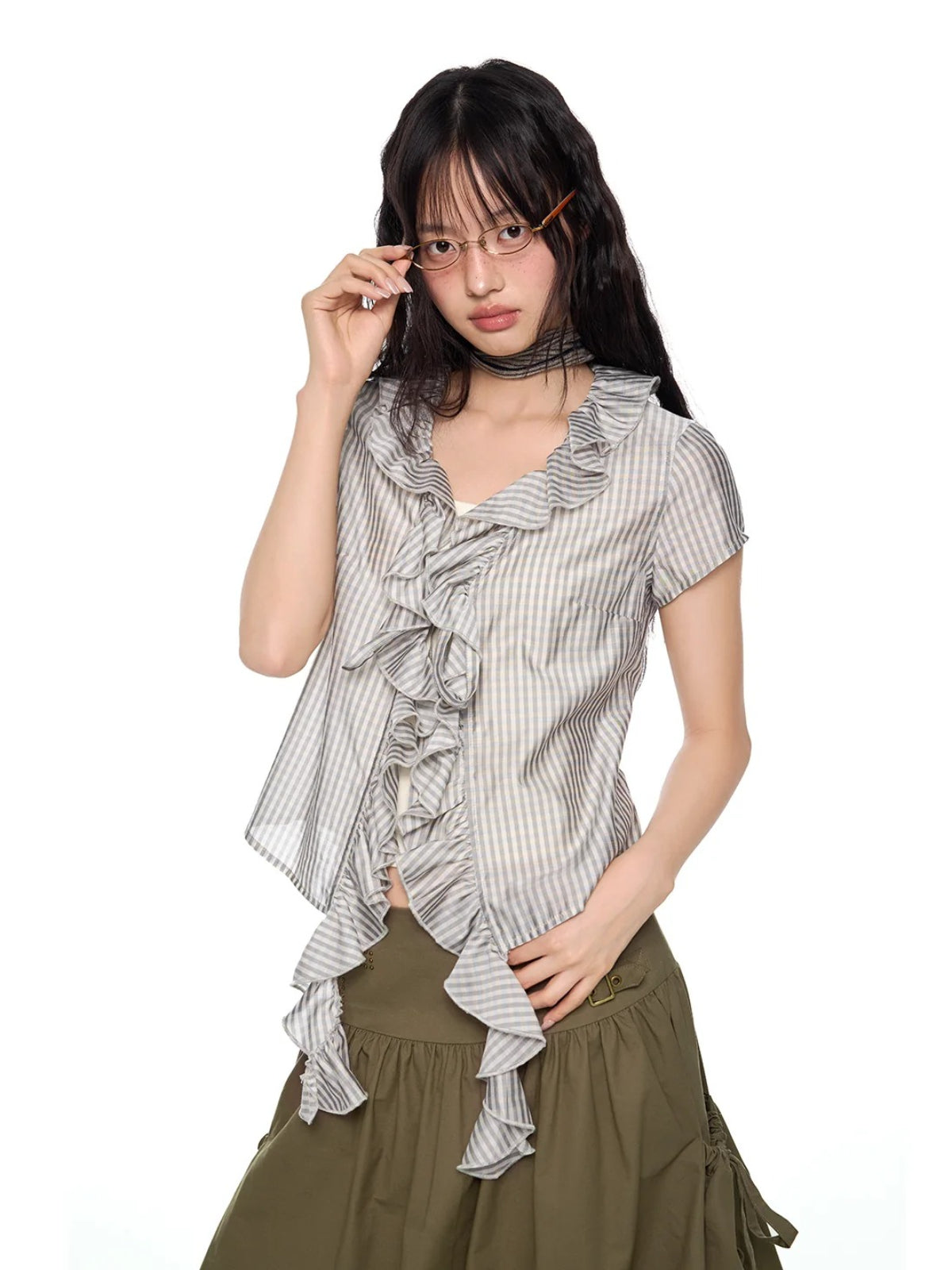Plaid Ruffle V-Neck Shirt