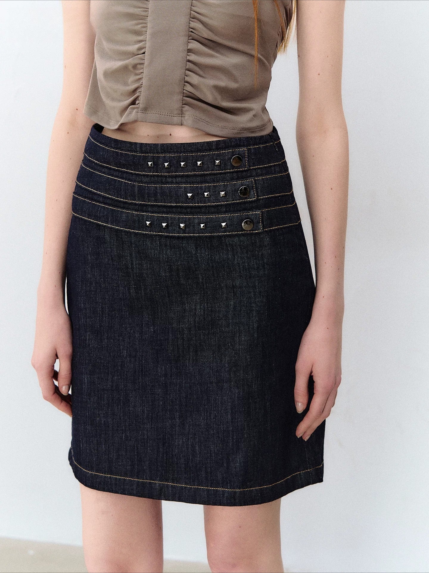 Studded Denim Pencil Skirt