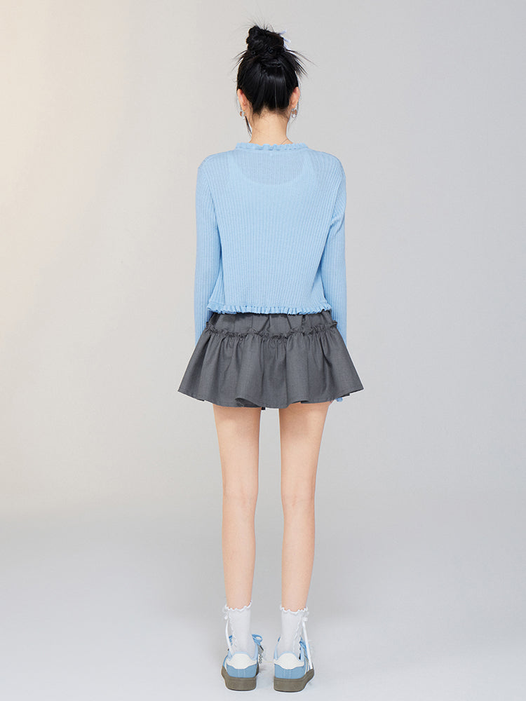 V - neck Ruffled Tie - front Knit Cardigan