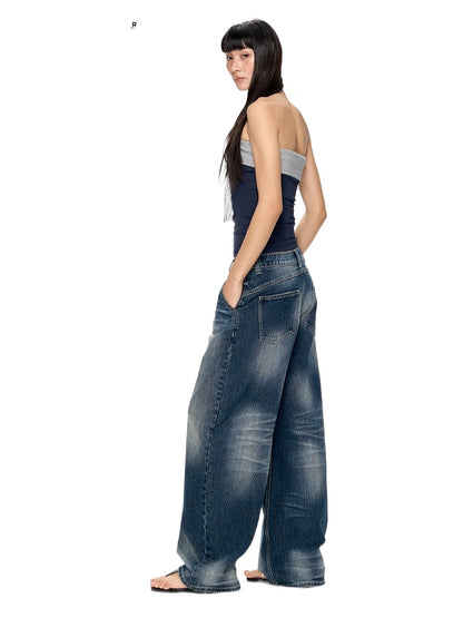 Deep Blue Washed Texture Distressed Denim Jeans