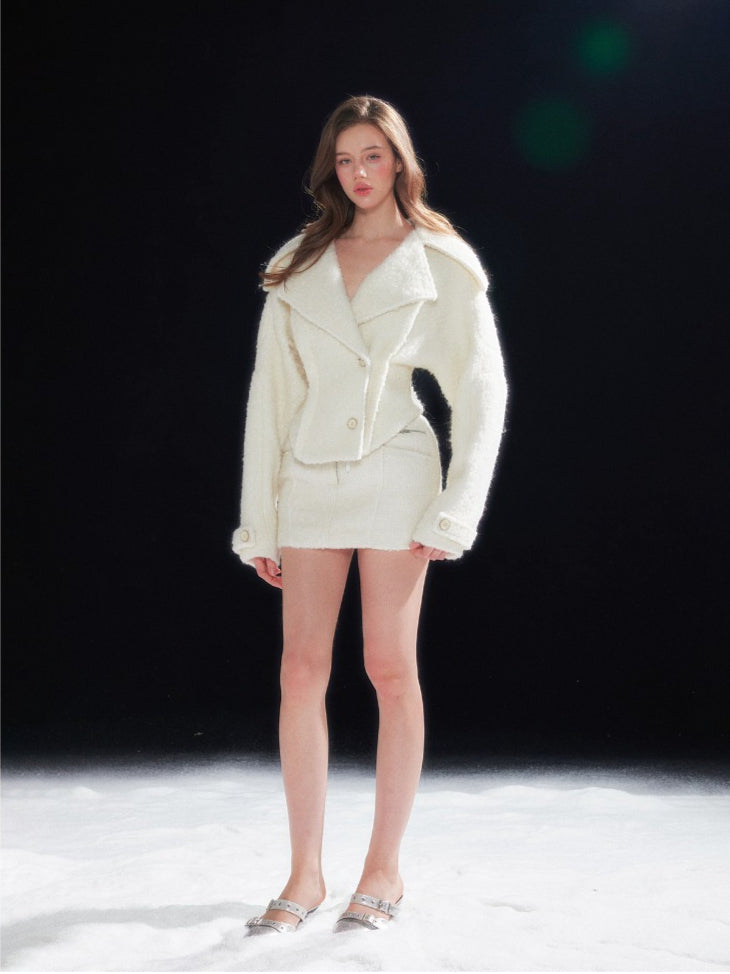 Shearling Collar Waist-Cinching Coat &amp; Wool Skirt Set