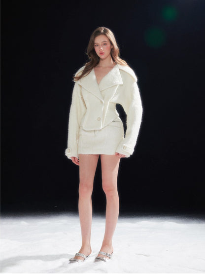 Shearling Collar Waist-Cinching Coat &amp; Wool Skirt Set