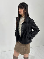 Pleated Curved-Hem Leather Jacket