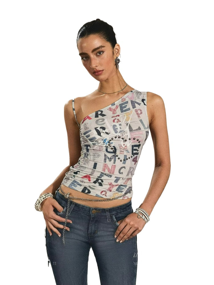 Vintage Print One-Shoulder Crop Top