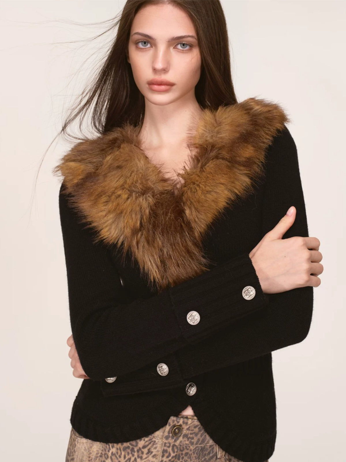 Vintage Faux Fur Collar Cardigan