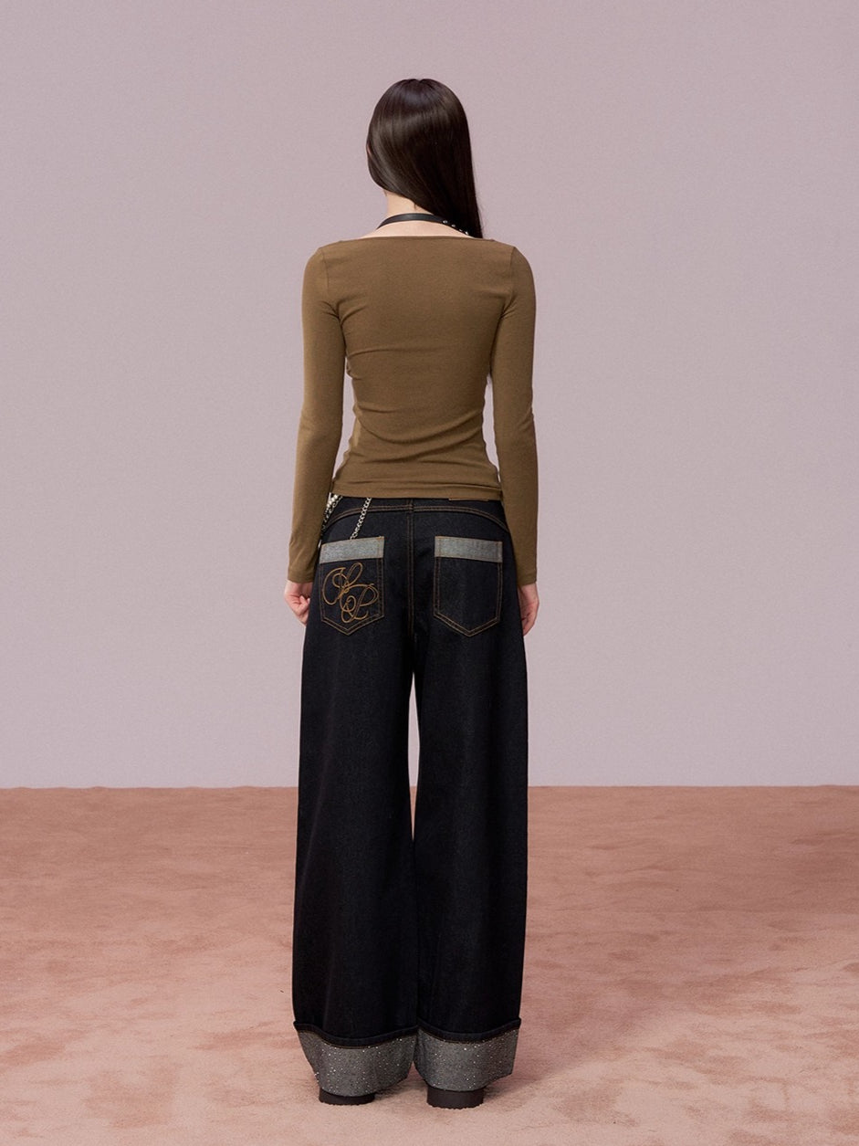 Rhinestone Cuffed Wide-Leg Denim Jeans