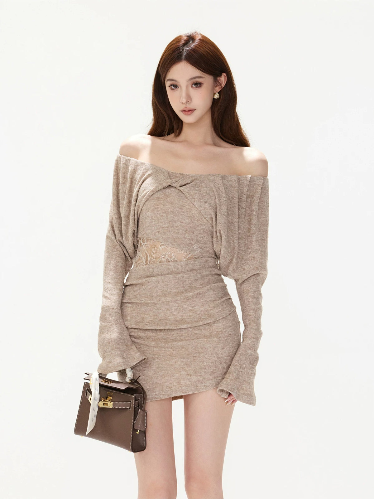 Sweet Lace Ruched Knit Bodycon Dress