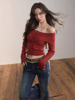 Off-Shoulder Cable Knit Sweater