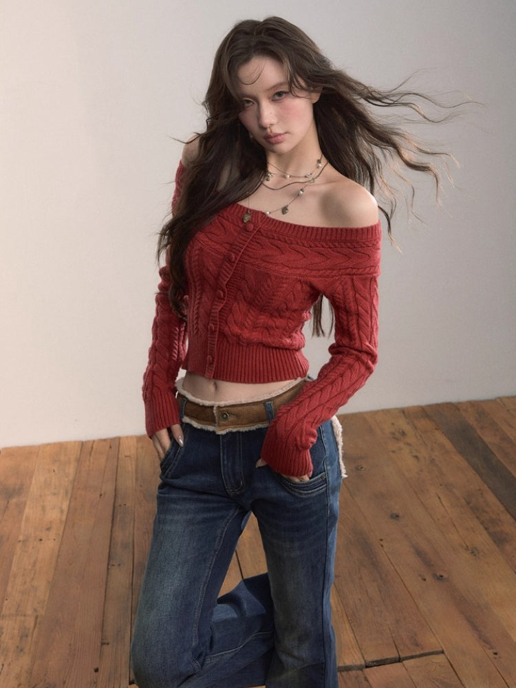 Off-Shoulder Cable Knit Sweater