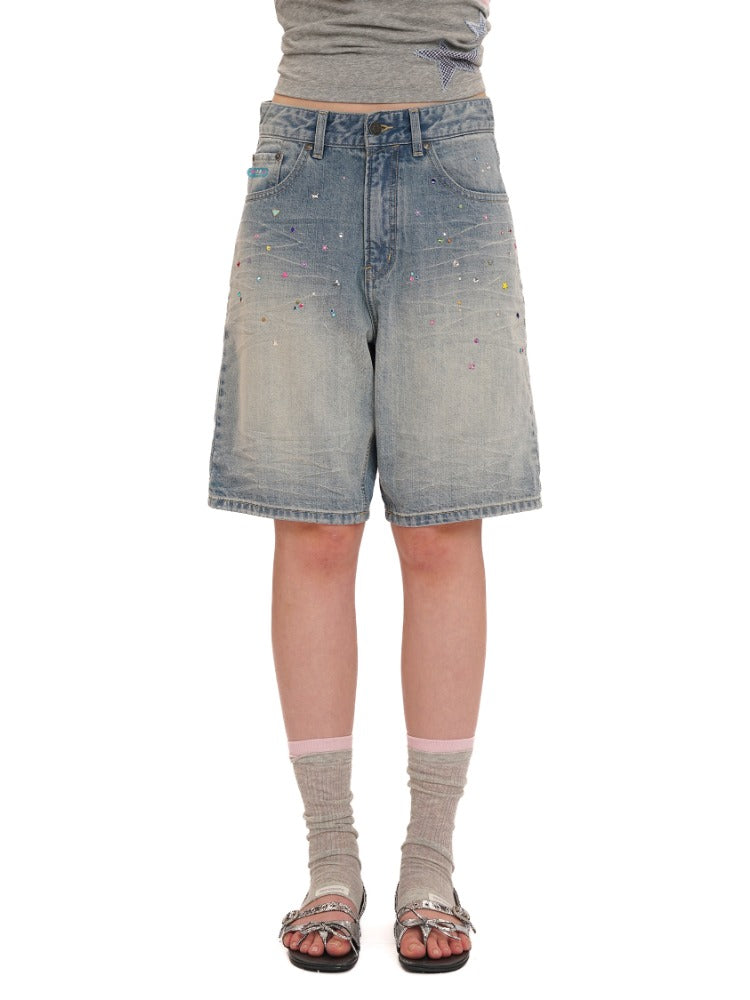 Rhinestone Pocket Embroidered Denim Capri Shorts/Long Pants
