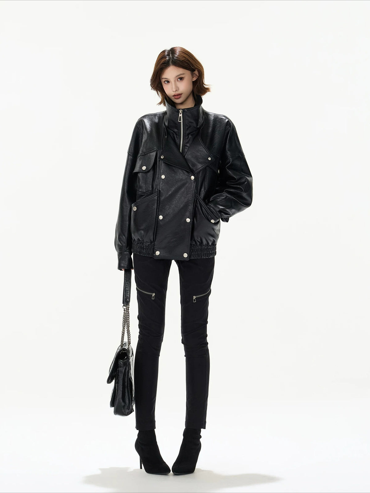 Oversized Double-Breasted PU Leather Jacket