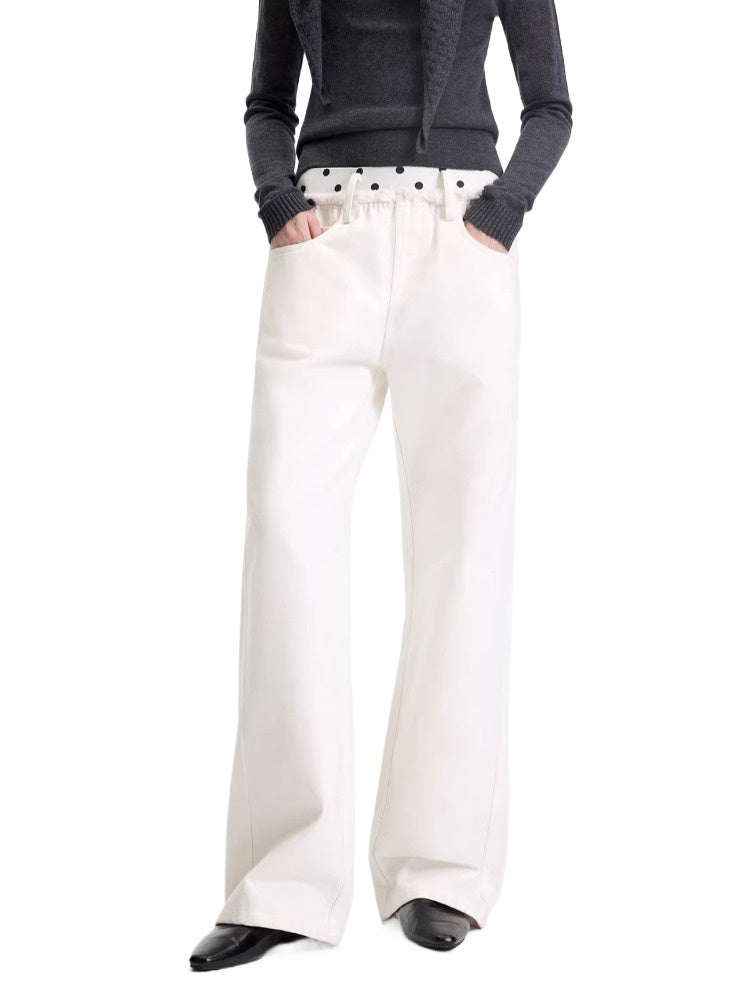 Beige Polka Waist Straight Jeans