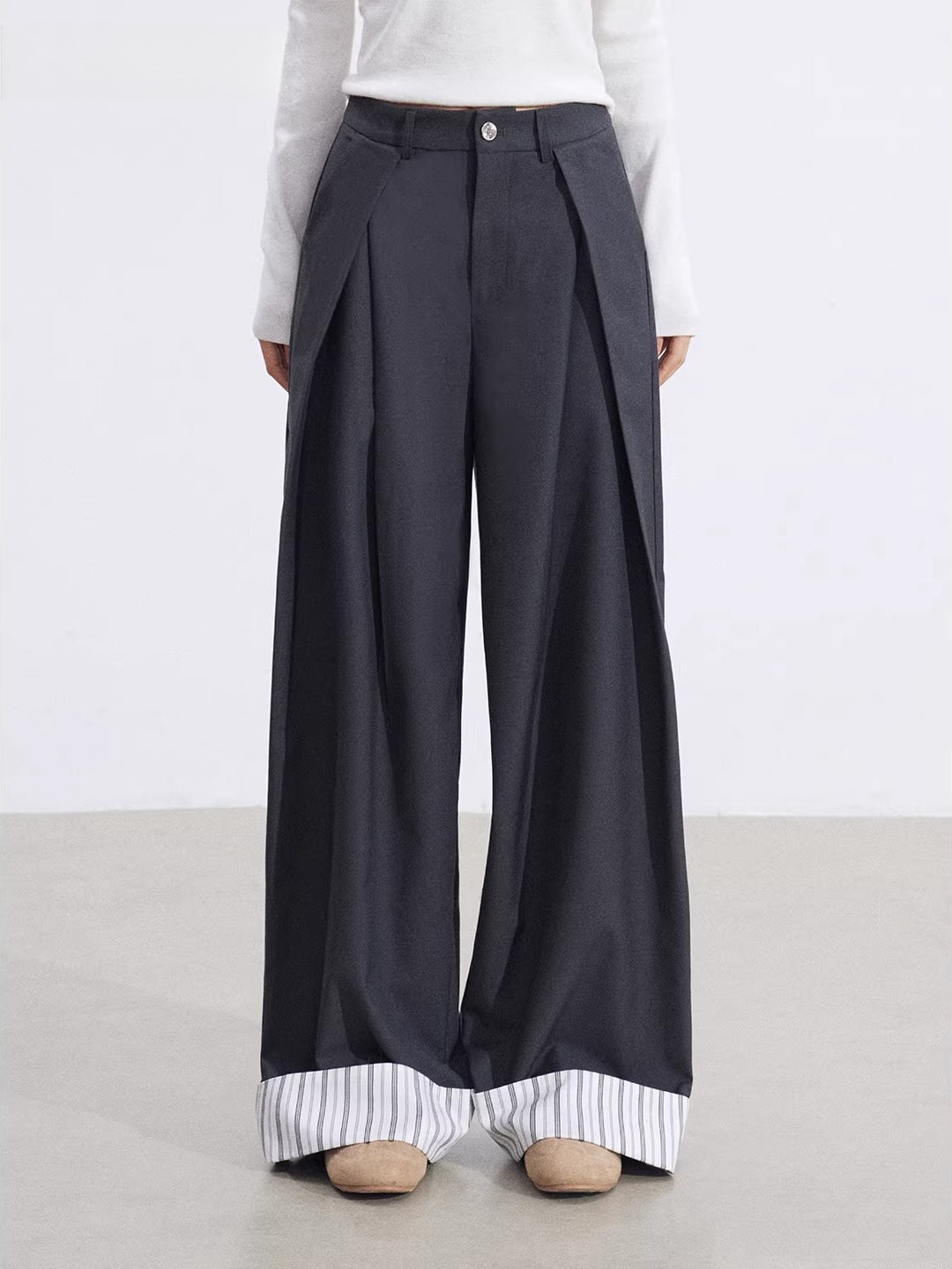 Gray Folded Hem Wide Pants