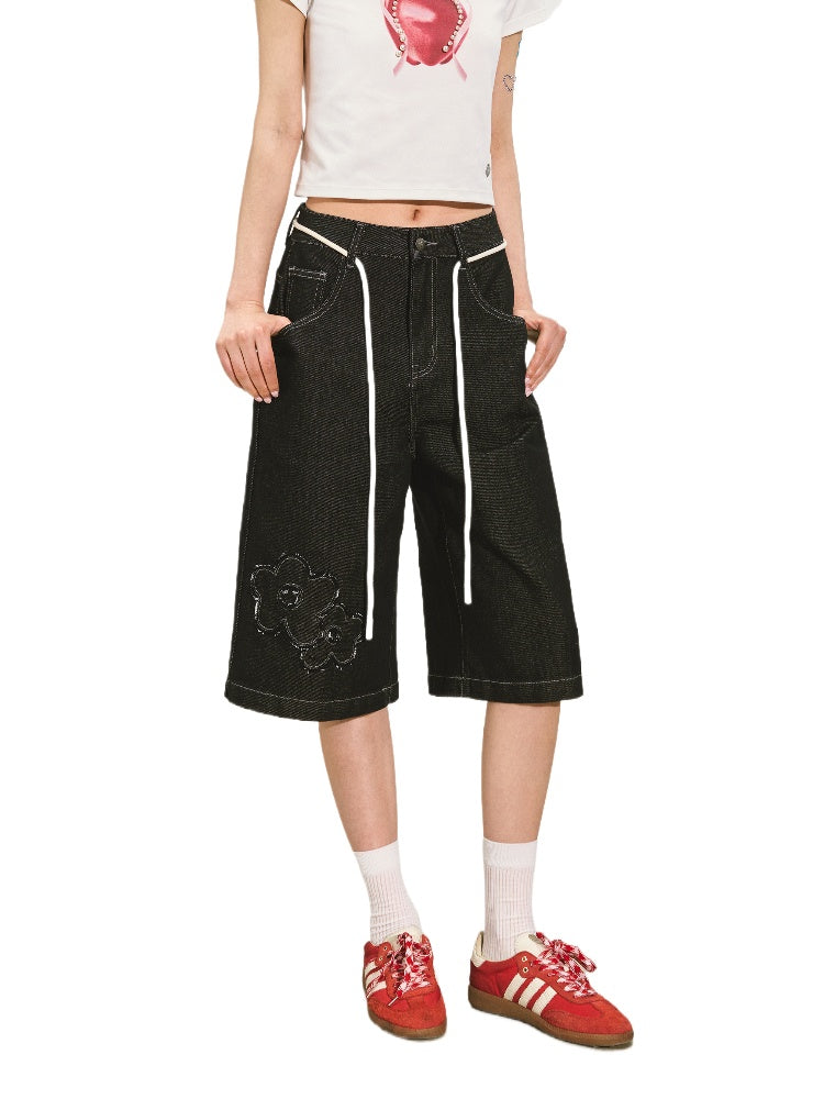 Original Color Raw-edge Floral Denim Shorts