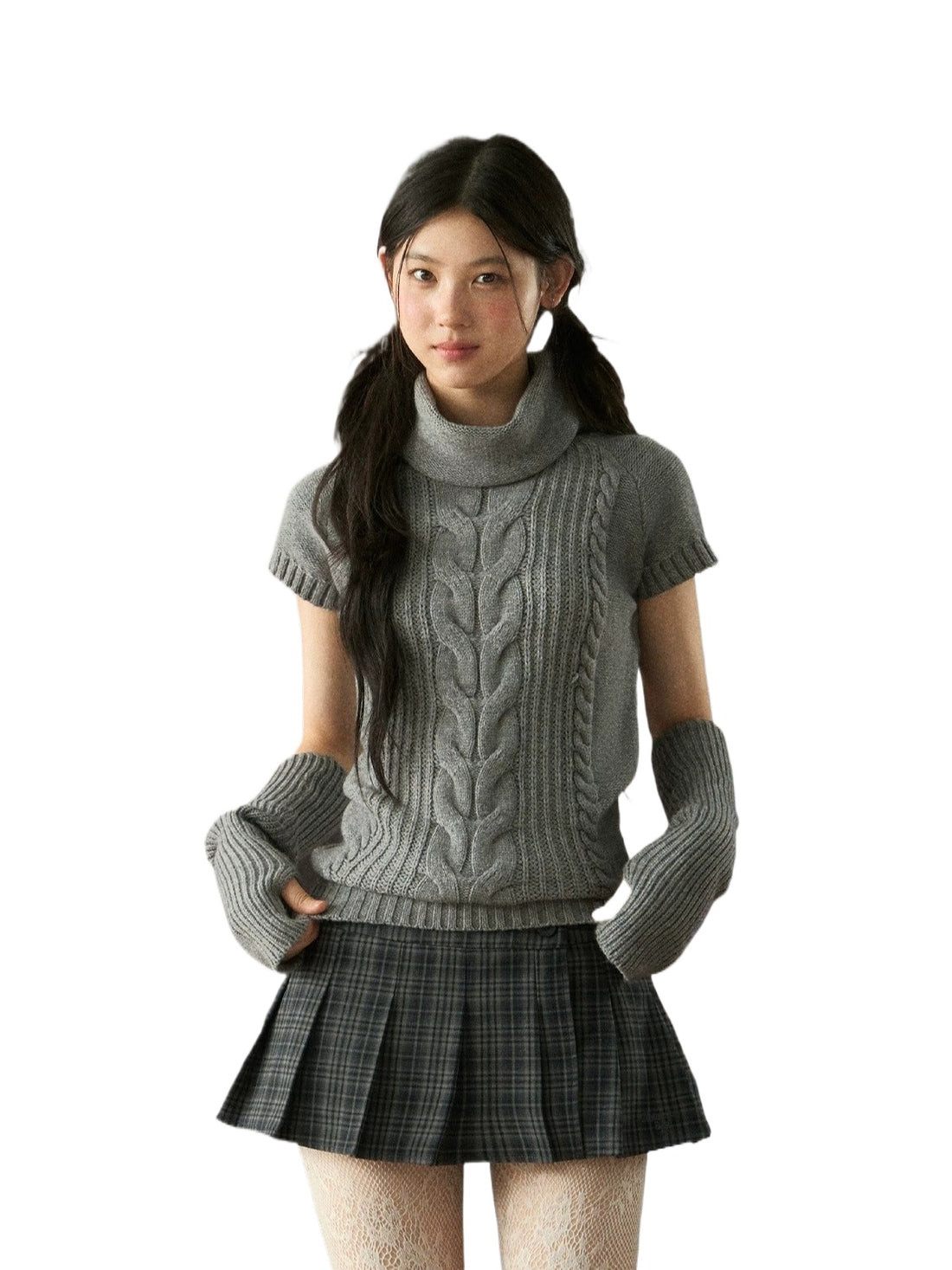 Cable Knit Turtleneck Short Sleeve Top
