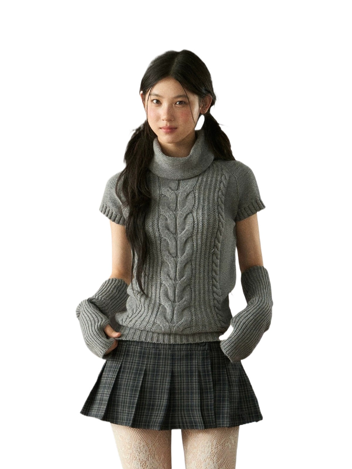 Cable Knit Turtleneck Short Sleeve Top