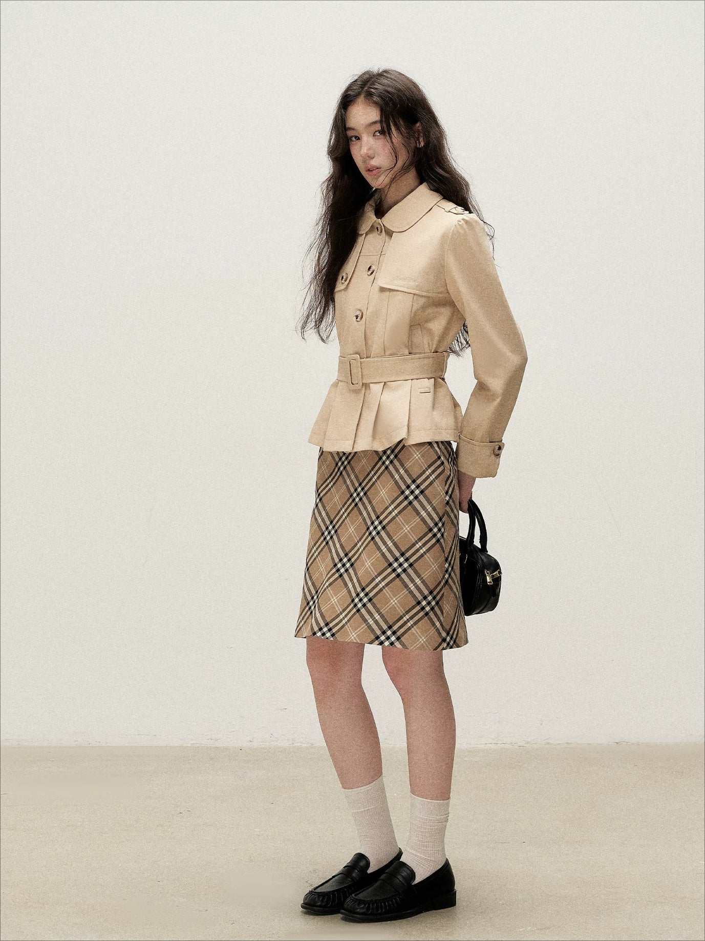 Brown Plaid Napoleon Midi Skirt
