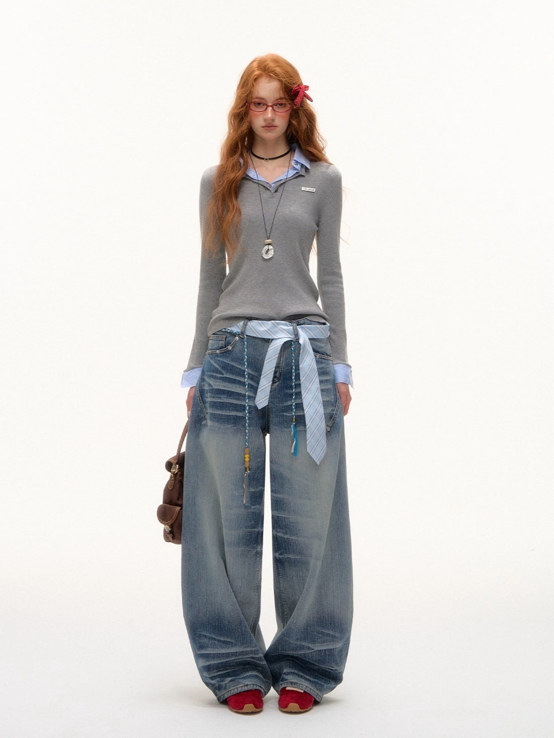 Blue Beaded Washed Denim Pants