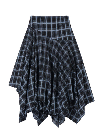 Irregular Navy Blue Checked Midi Skirt
