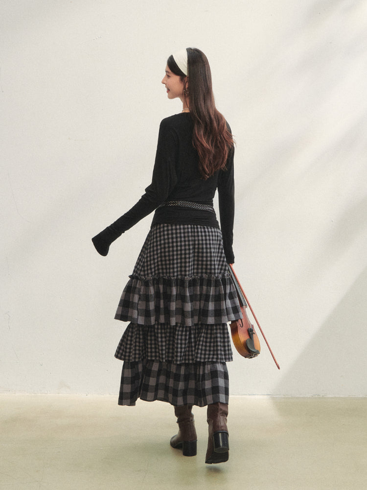 Plaid Patchwork Lace Waist Layered Cake Skirt