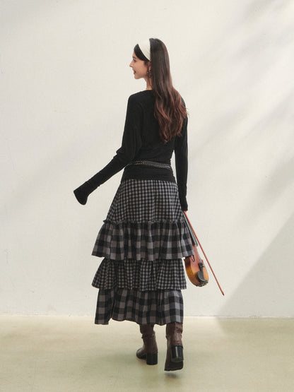 Plaid Patchwork Lace Waist Layered Cake Skirt