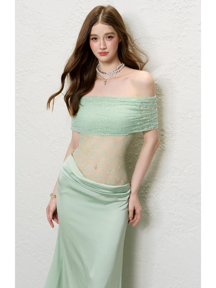 Green &amp; Black Lace Off-Shoulder Slip Dress