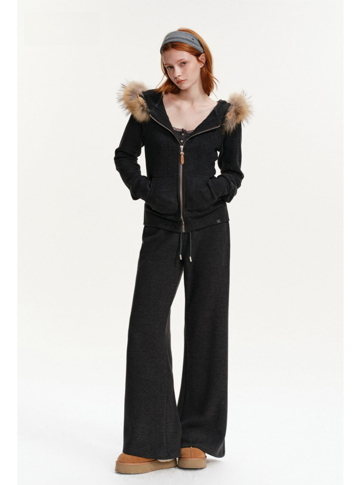 Detachable Fur Collar Tracksuit Set