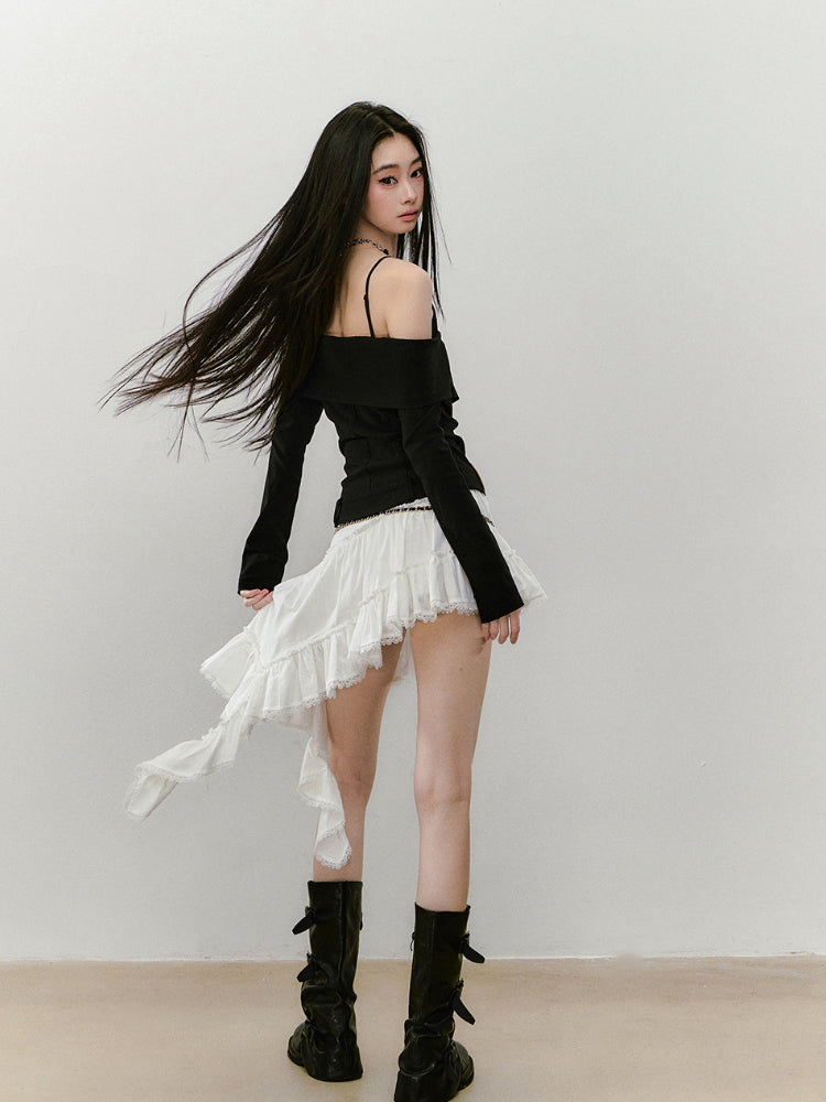 Irregular Hem Ribbon Lace Midi Skirt