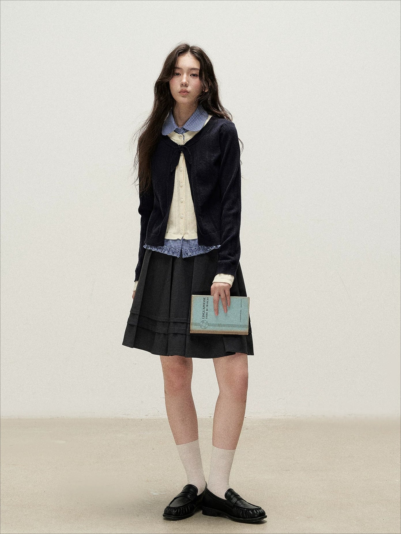 Plaid Collar Layered Knit Top