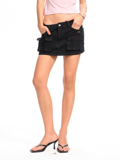 Asymmetrical Low - Rise Straight - Cut Denim Mini Skirt