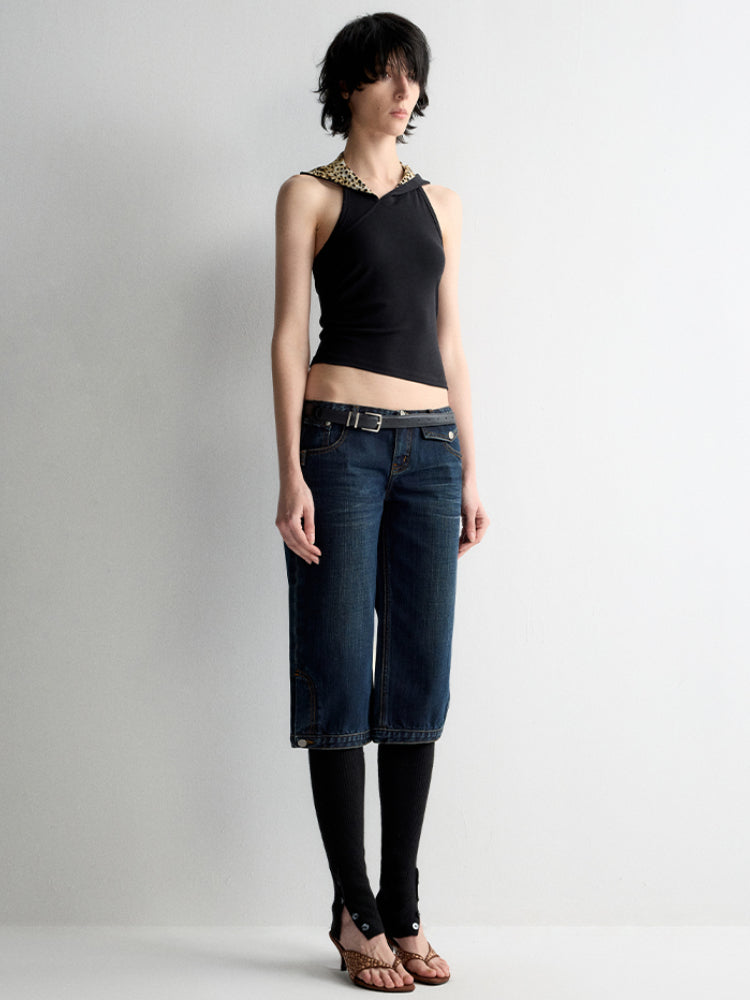 Ultra-Low Waist Straight-Leg Bermuda Jeans