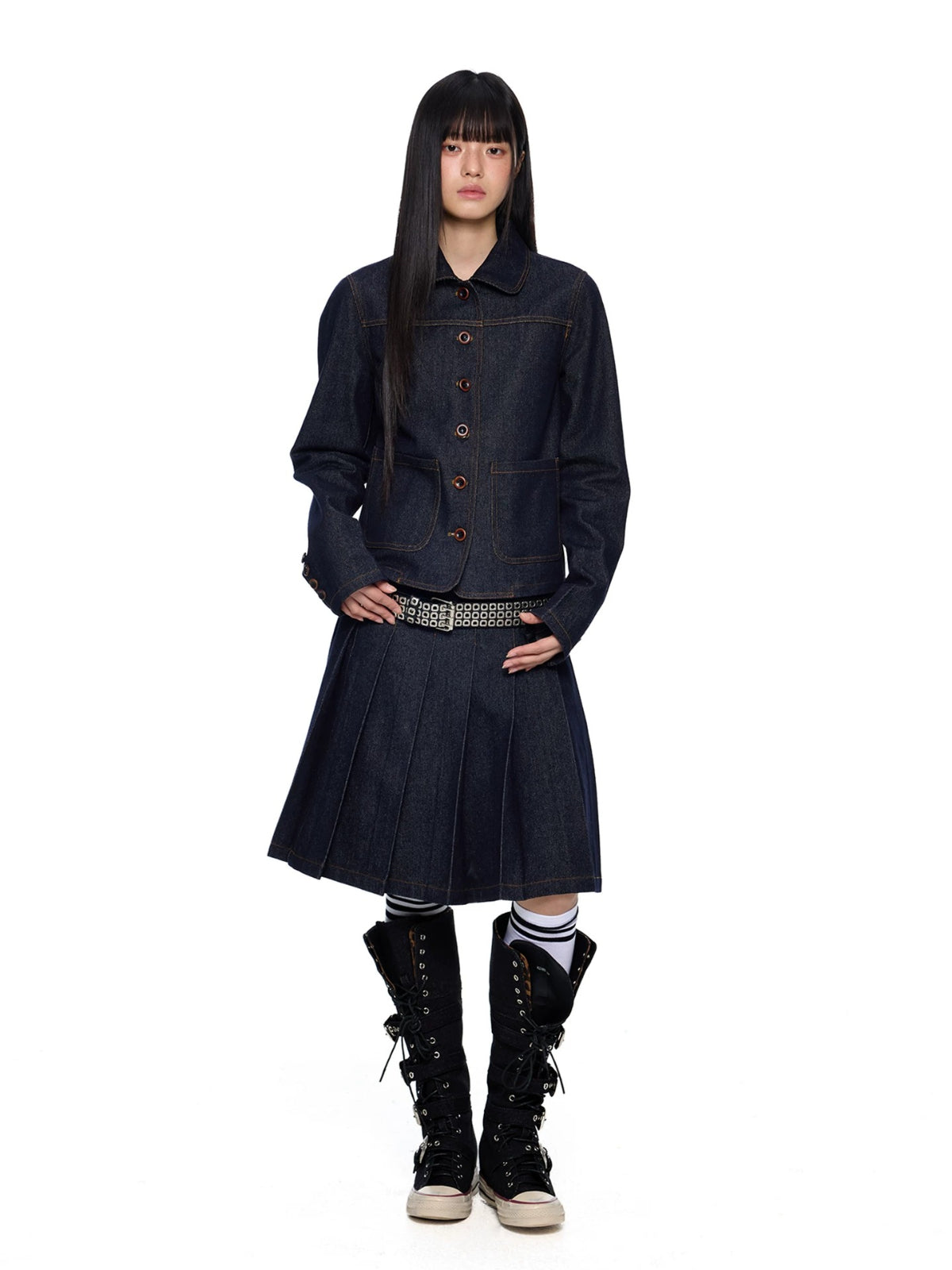 Vintage Denim Collar Pleated Skirt Set
