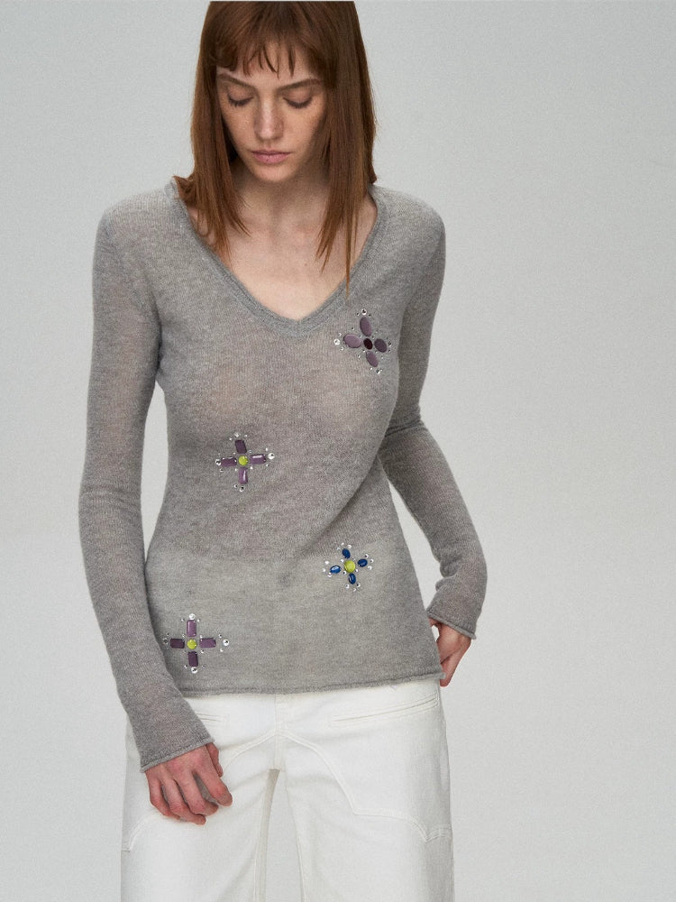 Camel Hair Sequin V-Neck Top