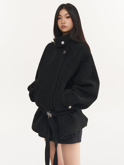 Cream &amp; Black Wool Blend Loose Lapel Jacket
