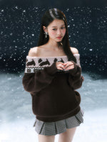 Brown Fair Isle Off-shoulder Sweater & Skirt Set