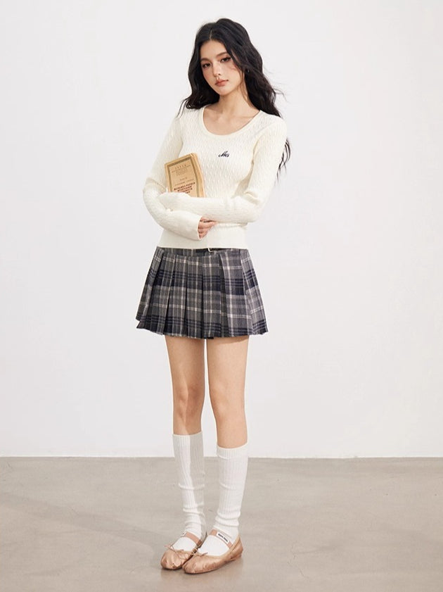 Plaid &amp; Brown Wool Pleated Mini Skirt