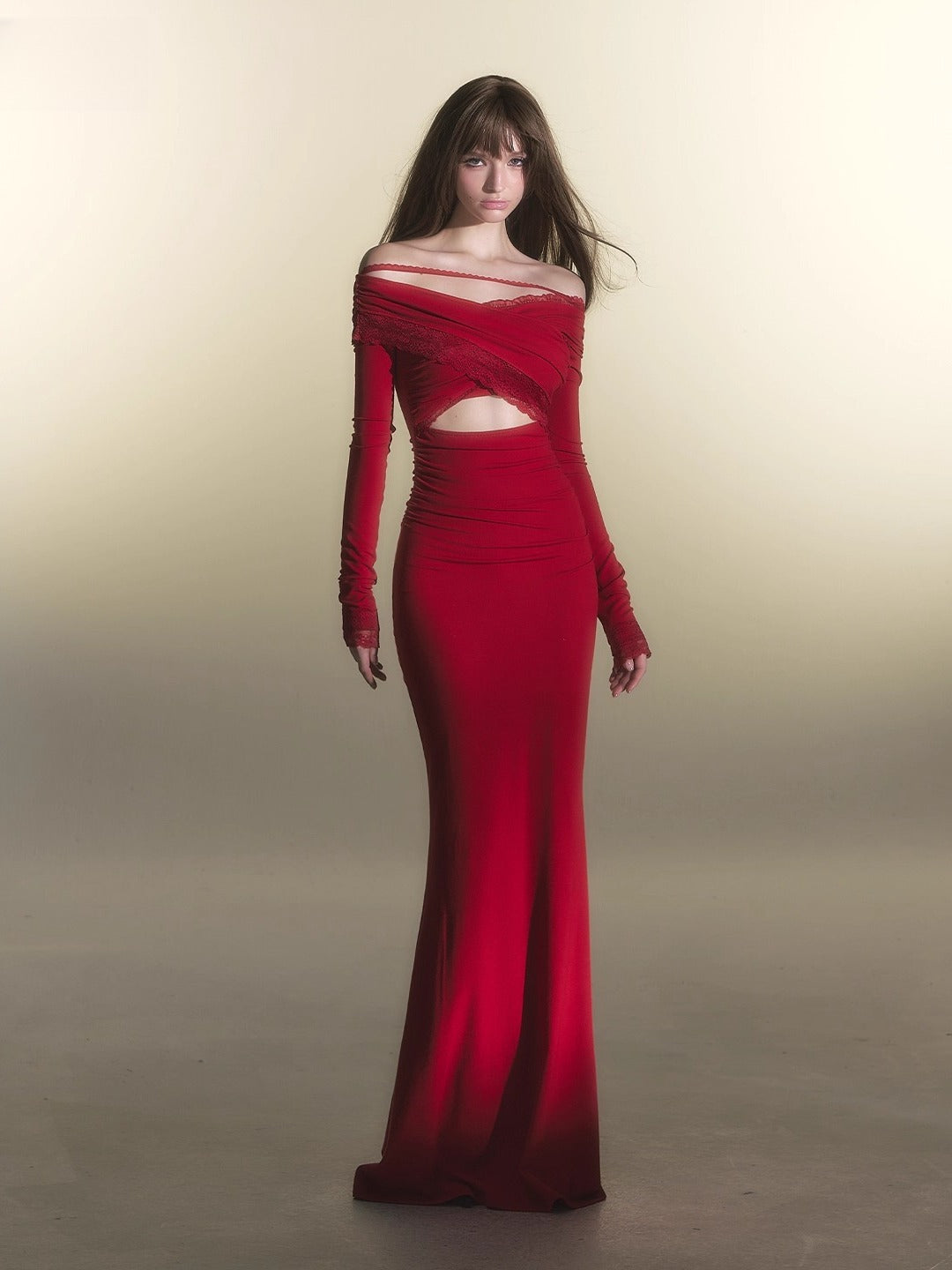 Red Off-Shoulder Long-Sleeve Bodycon Dress
