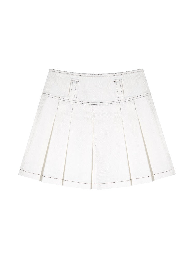 Washed Pleated Denim Skirt