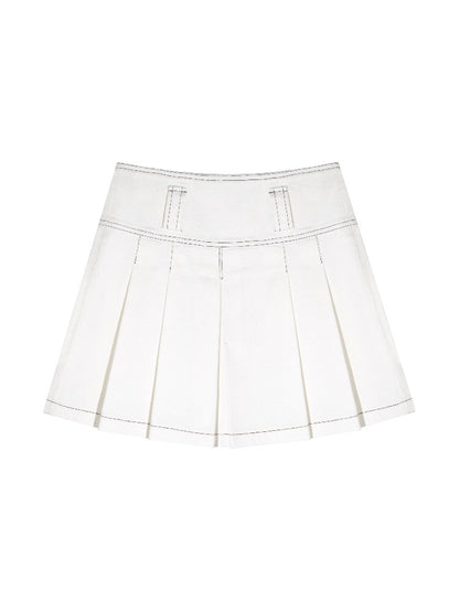 Washed Pleated Denim Skirt
