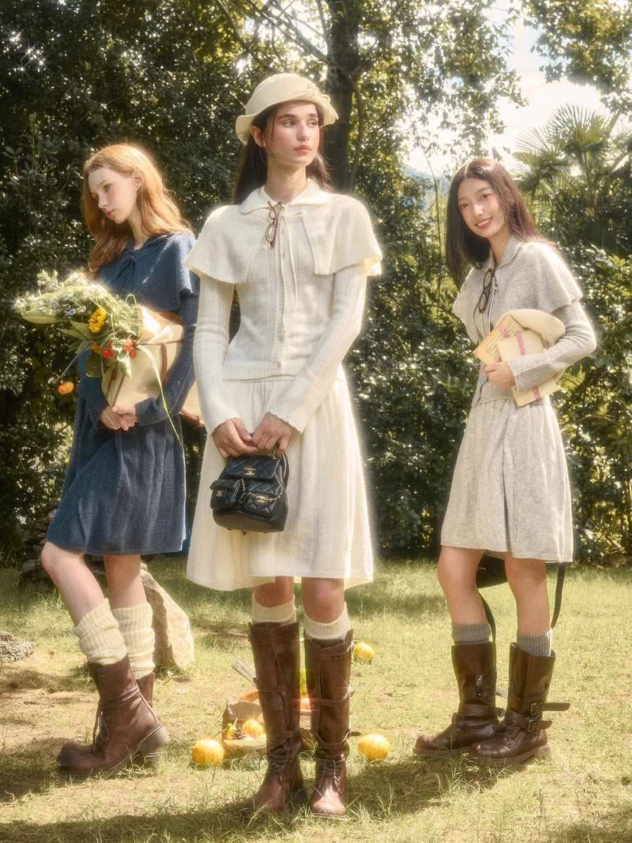 Snow Library Wool Knit Cape Cardigan &amp; Skirt Set