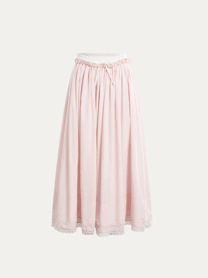 Pink Doll‑Collar Drawstring‑Hem Blouse &amp; Flared Midi Skirt