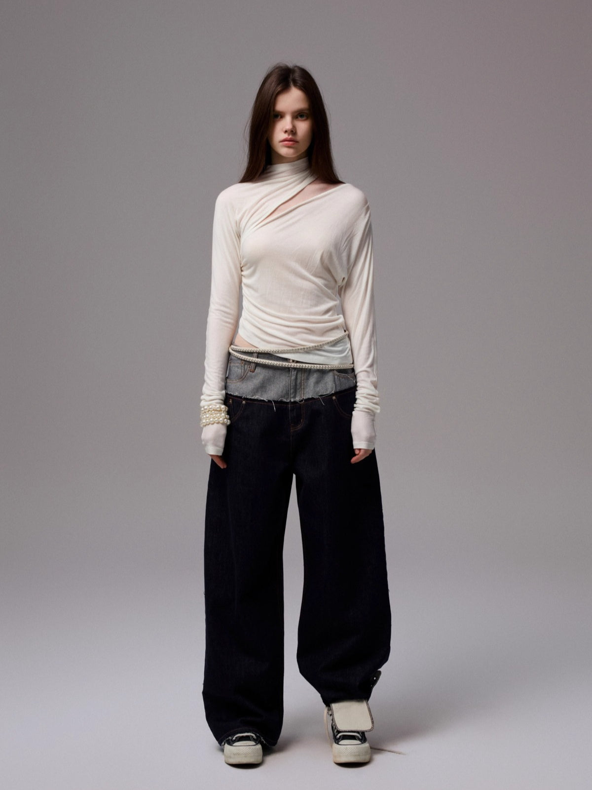 Draped Lyocell Wool Cutout Blouse