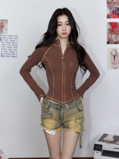 Low-Waisted Studded Bodycon Cargo Denim Shorts