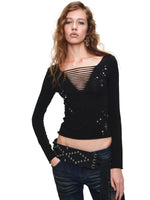 Rhinestone Cutout V-Neck Long Sleeve Top