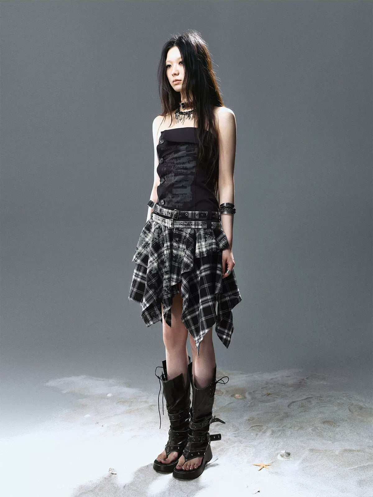 Graffiti Ruched Plaid Bustier Dress
